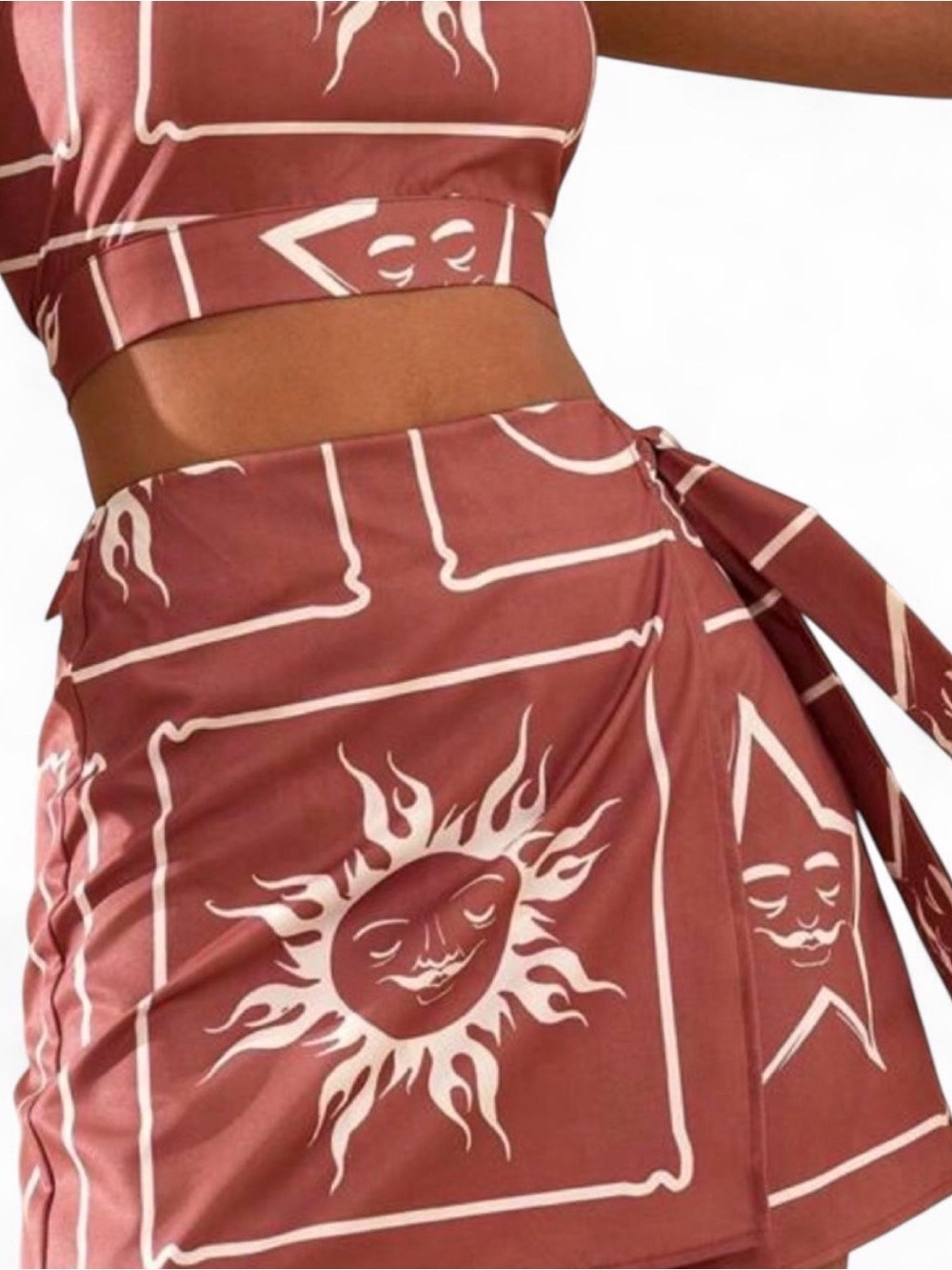 Rust Sun Print Two-Piece Crop Top & Wrap Skirt Set